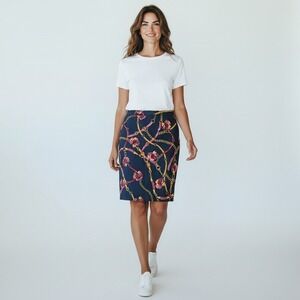 Charter Club Navy Chain Floral Print Pencil Skirt Pockets Women 12 Office Career